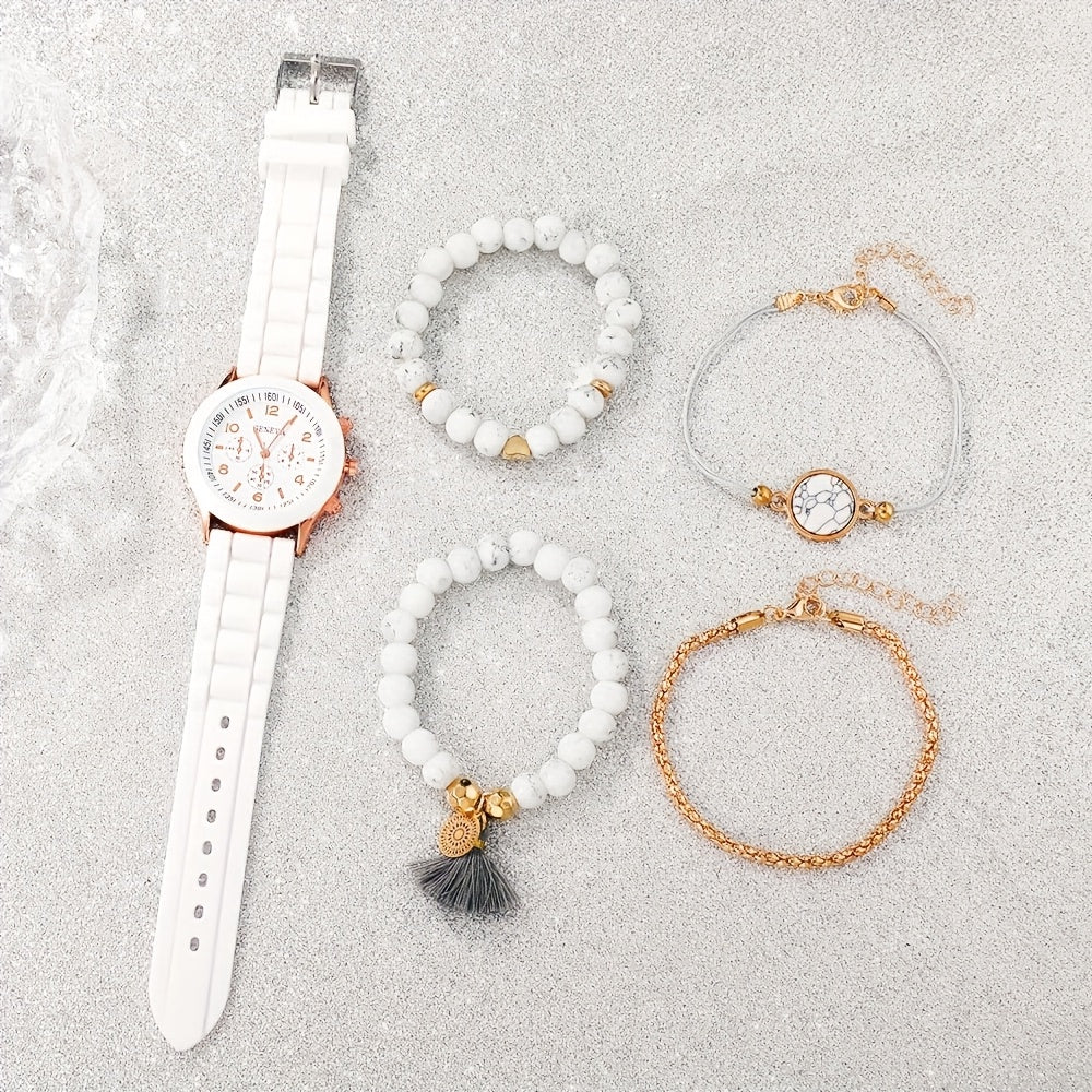 5pcs Fashion Women's Quartz Watch & Beaded Bracelet Set - Elegant White with Rose Golden Accents, Silicone Strap, Zinc Alloy Case, Non-Rechargeable Button Battery - Ideal for Valentine's, Birthdays, Easter, Graduation, Christ